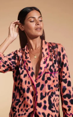 Cosmos Satin Long Leg Pj Set In Plorange Leopard