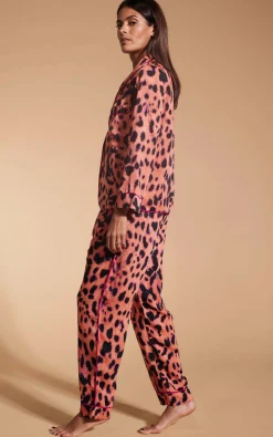 Cosmos Satin Long Leg Pj Set In Plorange Leopard