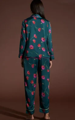 Cosmos Satin Long Leg Pj Set In Poppies On Dark Green