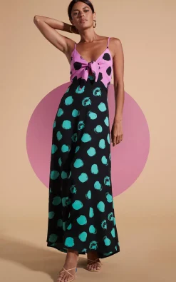 Florence Dress In Black On Pink Dot & Green On Black Dot