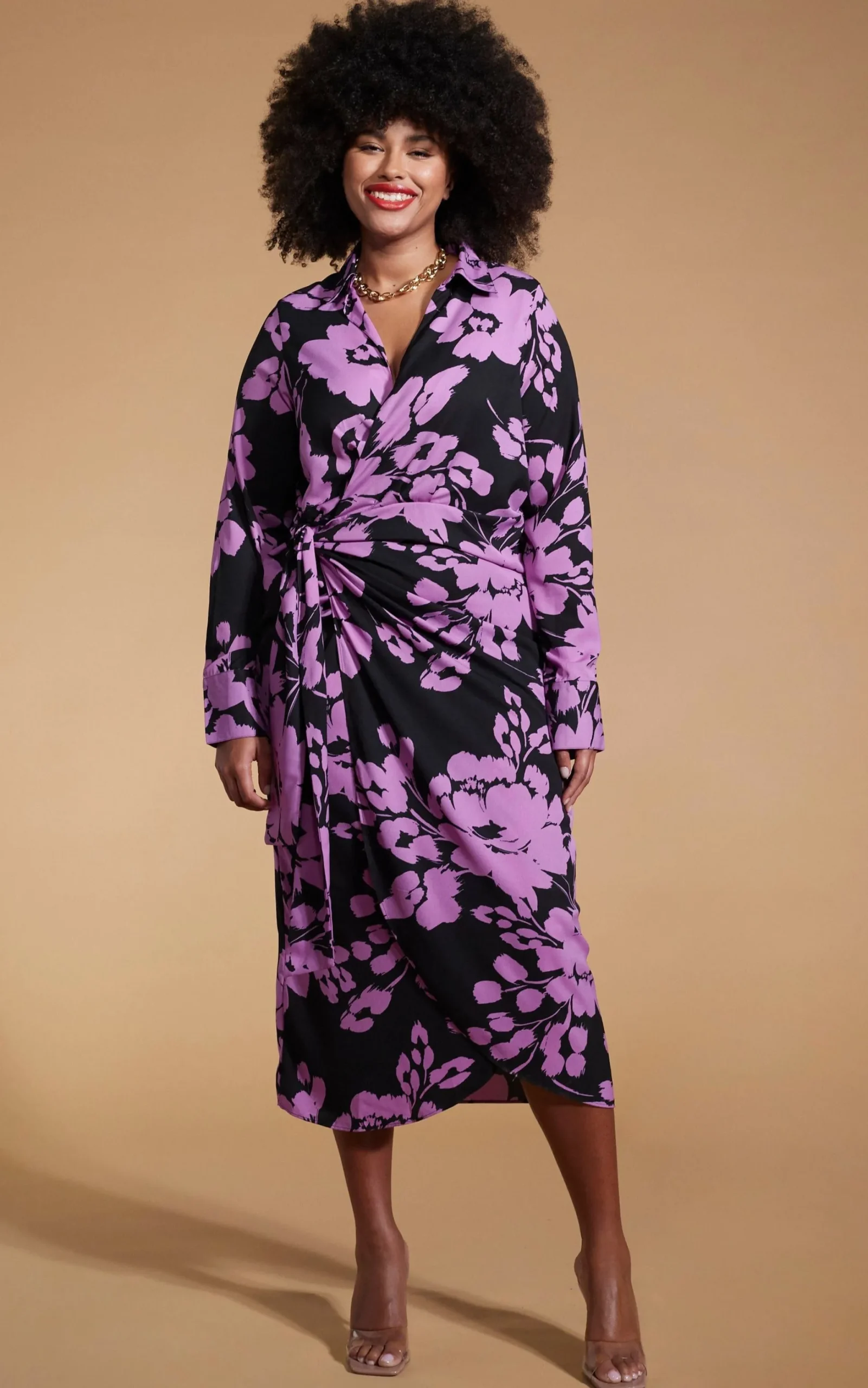 Frankie Wrap Dress In Lilac On Black Floral - Extended Sizing