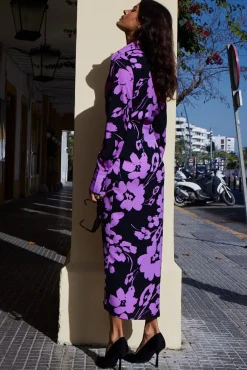 Frankie Wrap Dress In Lilac On Black Floral