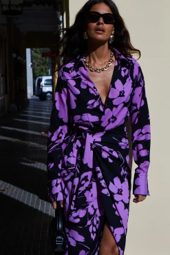 Frankie Wrap Dress In Lilac On Black Floral
