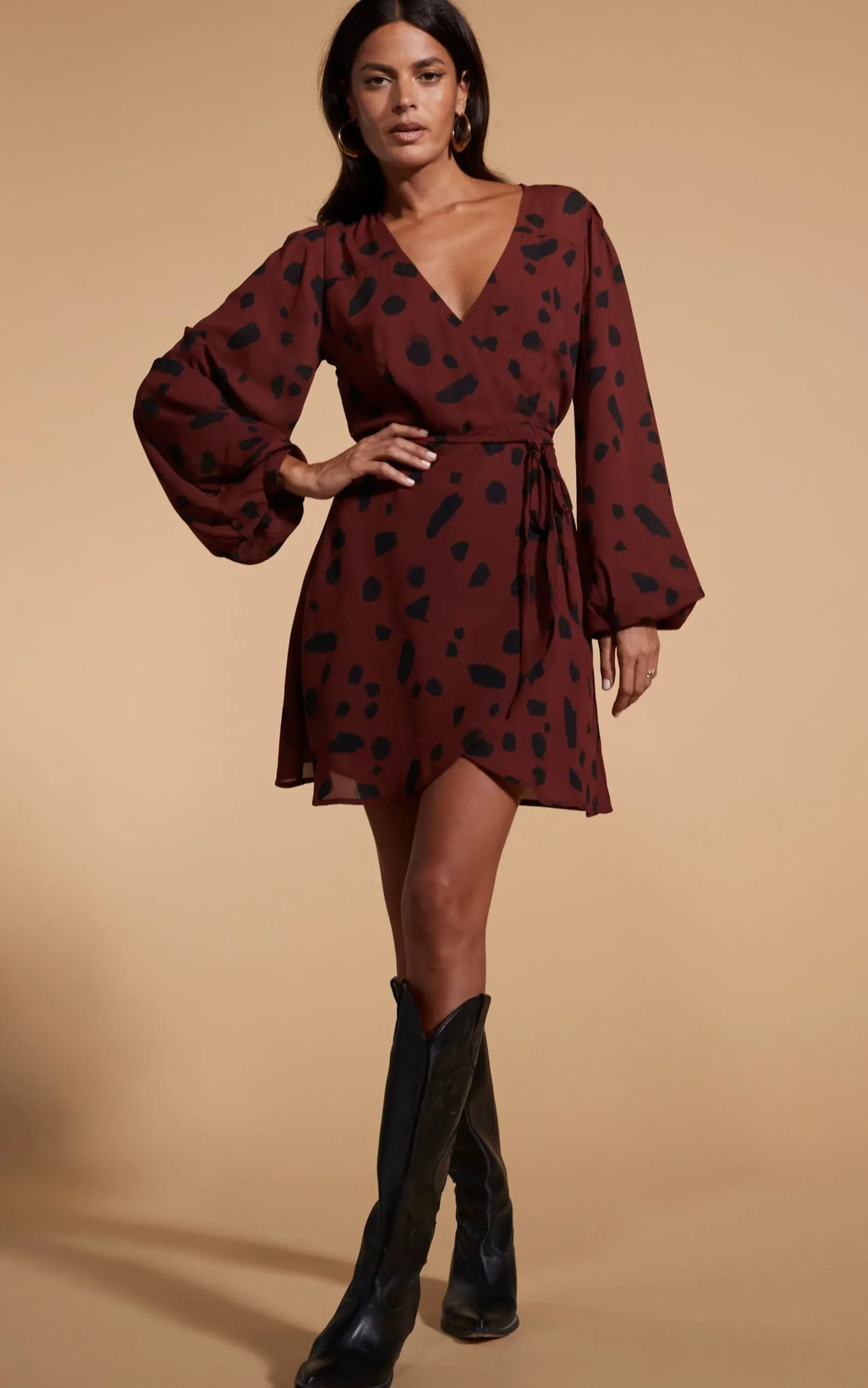 Ginger Mini Wrap Dress In Abstract Dot Black On Rust