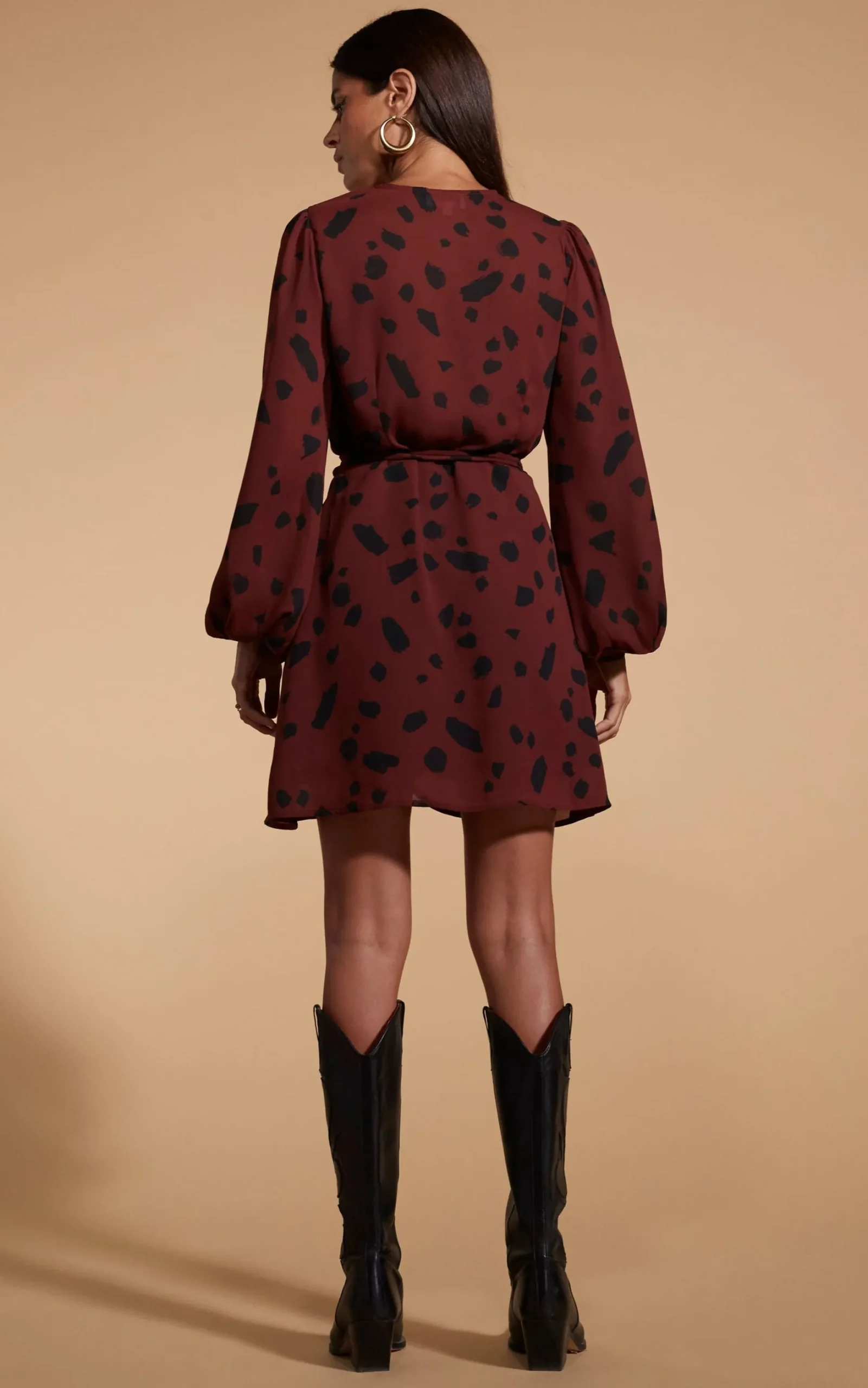 Ginger Mini Wrap Dress In Abstract Dot Black On Rust