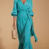 Havannah Maxi Wrap Dress In Abstract Pink On Sea Green