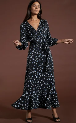 Havannah Maxi Wrap Dress In Abstract White On Black Leopard