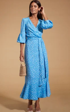 Havannah Maxi Wrap Dress In Abstract White On Blue