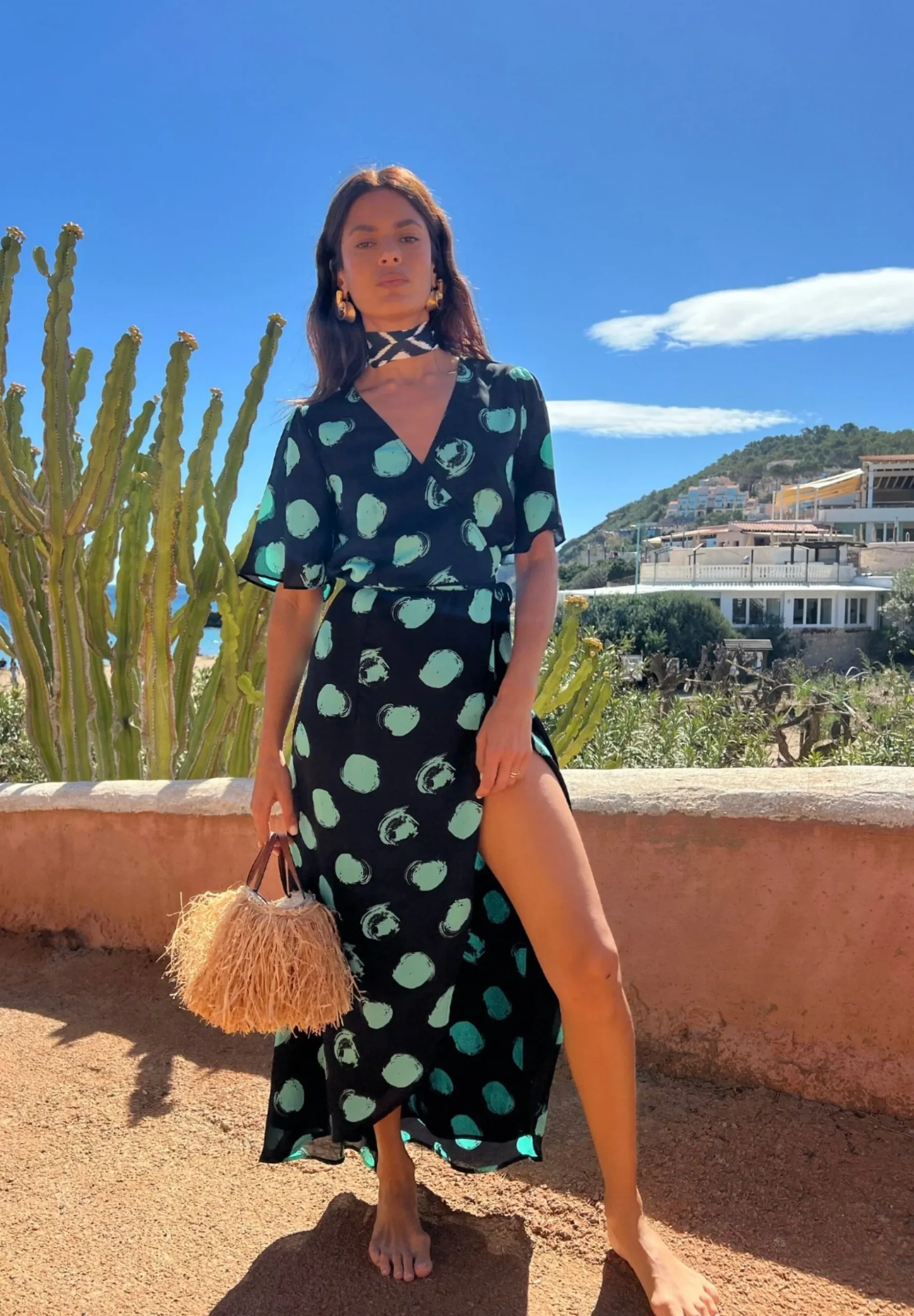Jenna Maxi Dress In Green On Black Dot