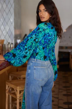 Joanie Tie Top In Blue & Green Floral