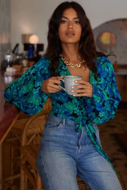 Joanie Tie Top In Blue & Green Floral