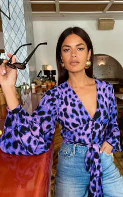 Joanie Tie Top In Lilac Leopard