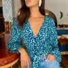 Joanie Tie Top In Turquoise Leopard