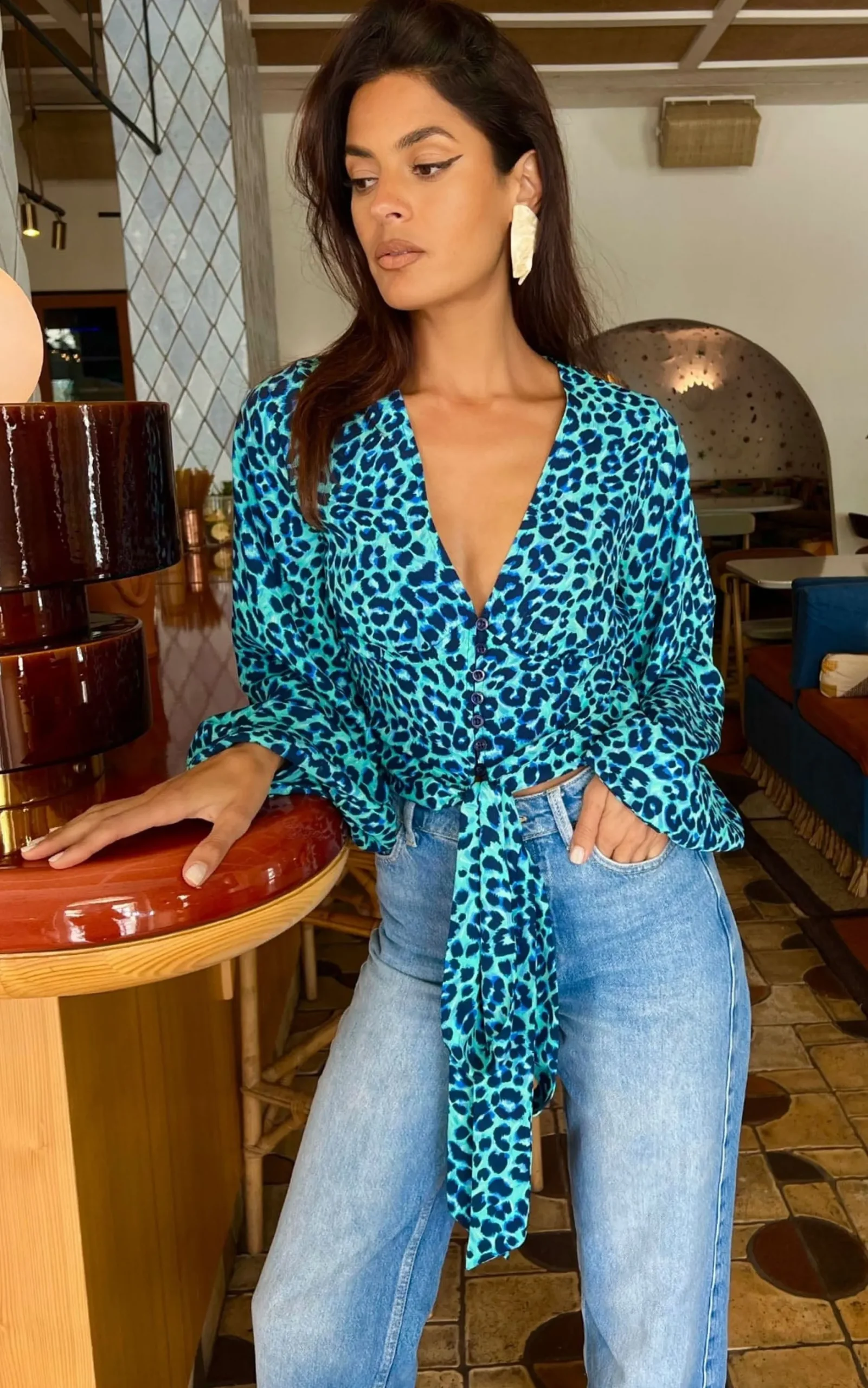 Joanie Tie Top In Turquoise Leopard