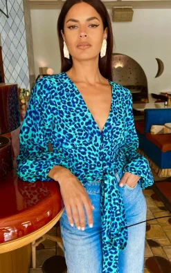 Joanie Tie Top In Turquoise Leopard