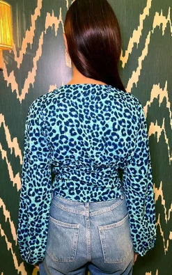 Joanie Tie Top In Turquoise Leopard