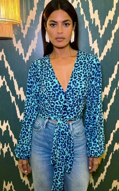 Joanie Tie Top In Turquoise Leopard