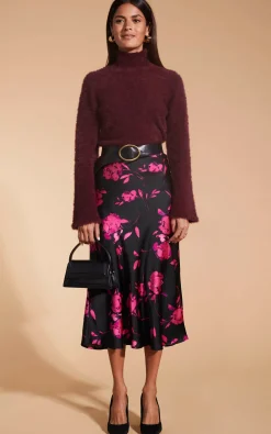 Lotus Skirt In Pink On Black Floral