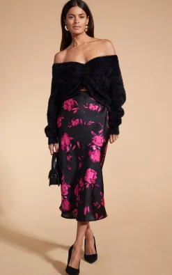 Lotus Skirt In Pink On Black Floral