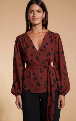 Lyma (Multi-Way) Tie Neck Top In Abstract Dot Black On Rust