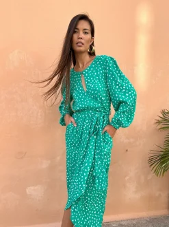 Mabel Midaxi Mock Wrap Dress In Odd Dot White On Sea Green