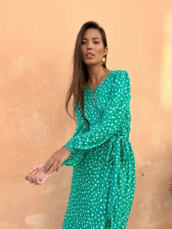 Mabel Midaxi Mock Wrap Dress In Odd Dot White On Sea Green
