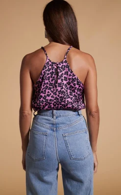 Nina Halter Cami Top In Black On Pink Leopard