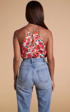 Nina Halter Cami Top In Hibiscus Red Orange On White