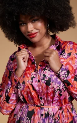 Paris Shirt Dress In Red & Lilac Floral - Extended Sizing