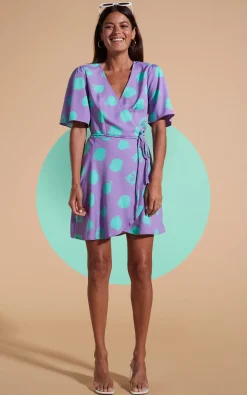 Rafferty Dress In Green On Purple Dot