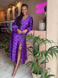 Remy Dress In Abstract Dot Black On Purple- Extended Sizing